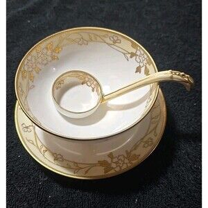 Vintage Footed Bowl With Underplate And Ladle Handpainted Nippon Morimura